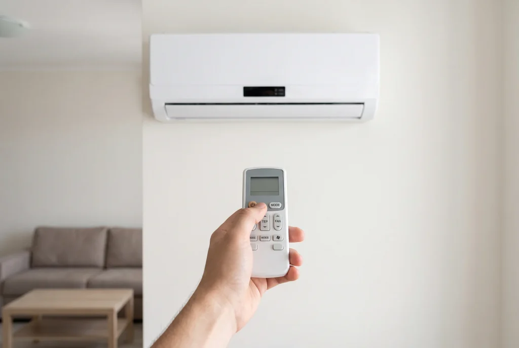 mano con mando a distancia intentando encender aire acondicionado que no responde